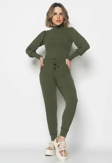 Conjunto Comfy Com Blusa Princesa M/L e Jogger Canelado Verde Musgo Salvatore
