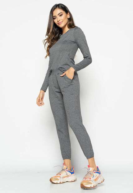 Blusa  Básica Manga Longa e Gola Redonda Malha Grafite