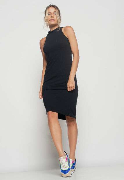Vestido  Midi Regata Cava Americana Canelado Preto