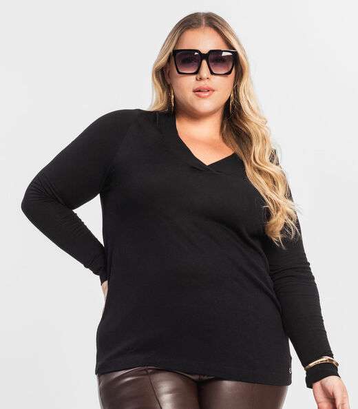 Blusão Feminino Plus Size Decote V Secret Glam Preto