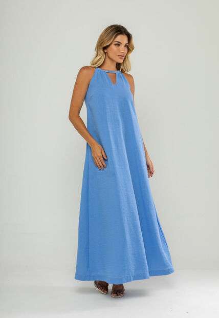 Vestido Longo Decote Com Recorte E Amarração Azul Salvatore
