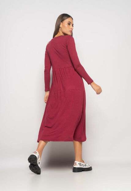 Vestido Midi Manga Longa Com Babado Malha Vinho Salvatore