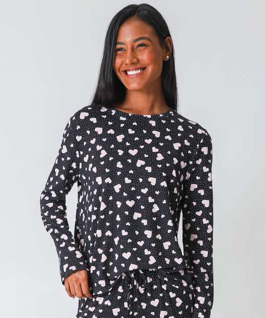Pijama Feminino Estampa Corações Marisa Preto