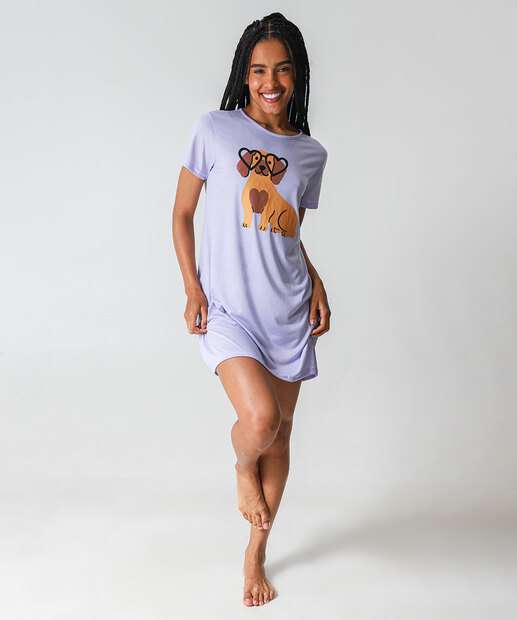 Camisola Manga Curta Estampa Cachorro Marisa Lilás