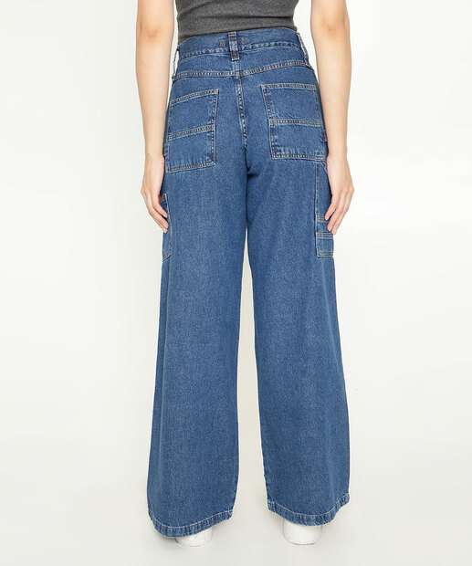Calça Jeans Wide Leg Pantalona Feminina Cargo Marisa