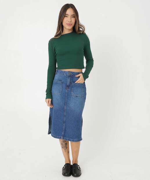 Blusa Feminina Canelada Gola Alta Manga Longa Marisa