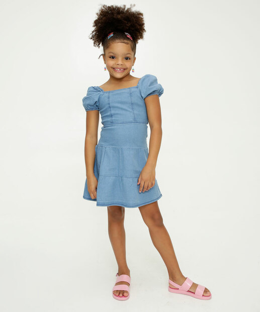 Vestido Infantil Manga Curta Jeans Marisa Tam 4 a 10