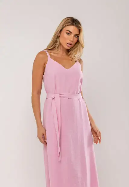 Vestido Longo Com Faixa Na Cintura Rosa Salvatore
