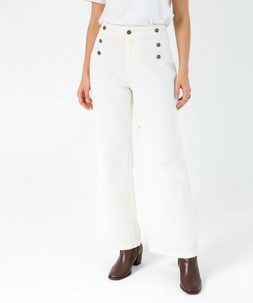 Calça Feminina Reta Sarja Botões Off White