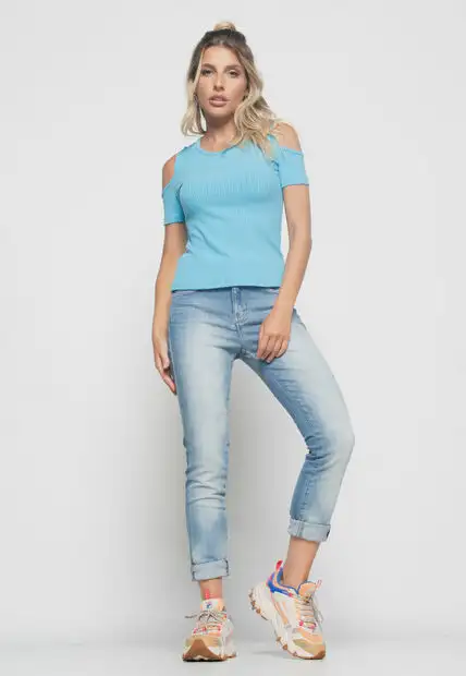 Blusa  Ombro Vazado Manga Curta Canelado Azul