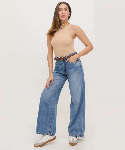Calça Jeans Wide Leg Bolsos Feminina 