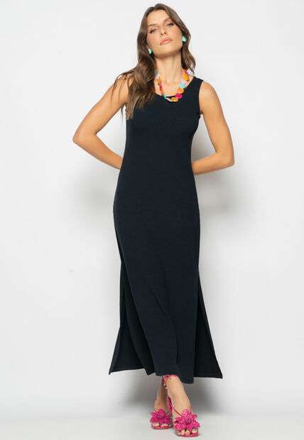 Vestido Longo Regata Com Fenda Canelado Preto Salvatore