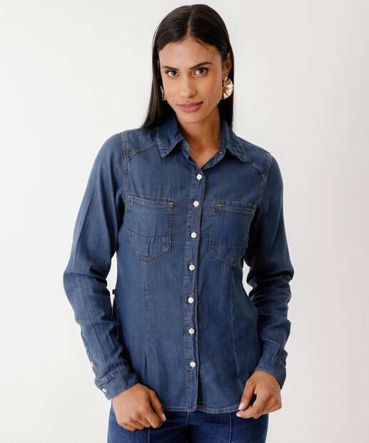 Camisa Feminina Jeans Bolsos Manga Longa 