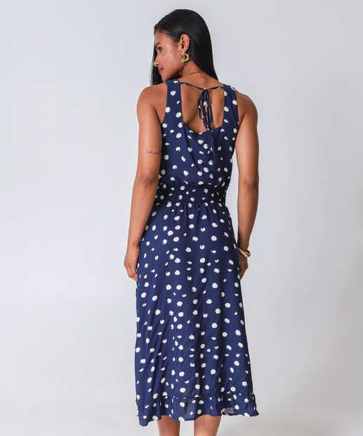 Vestido Midi Feminino Estampa Poá Marisa Azul