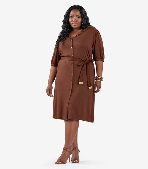 Vestido Midi Manga 3/4 Plus Size Secret Glam Marrom