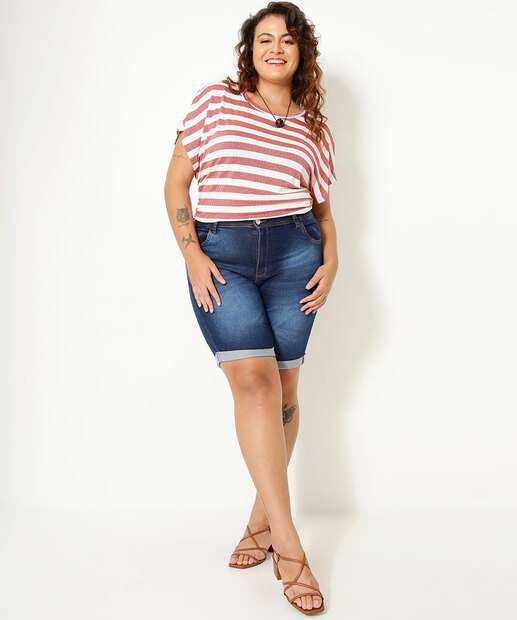 Bermuda Plus Size Feminina Jeans Barra Dobrada