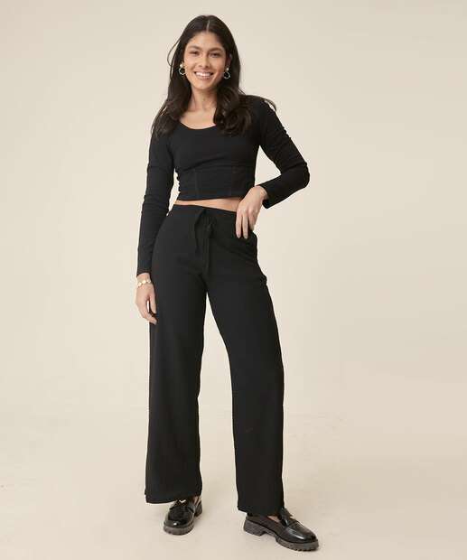 Calça Wide Leg Pantalona Feminina Textura Marisa