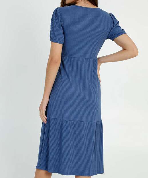 Vestido Midi Feminino Canelado Manga Curta Marisa