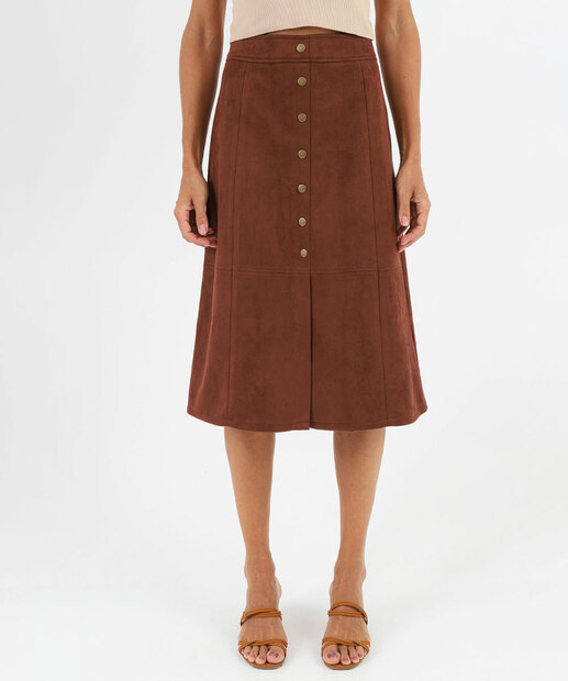 Saia Midi Feminina Botões Fenda Marisa Marrom