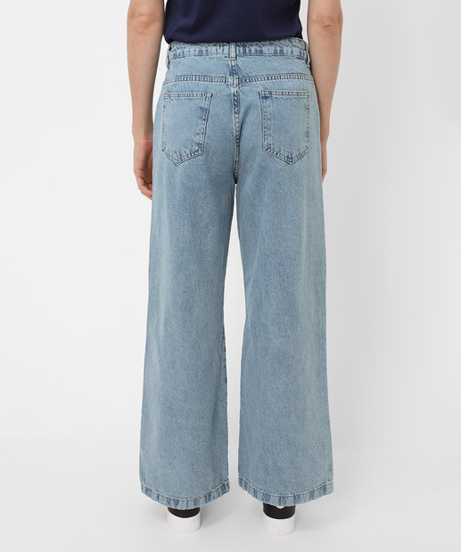 Calça Feminina Jeans Wide Leg Petit  Bolsos Azul