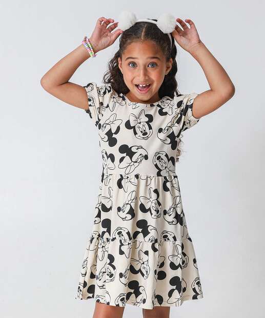 Vestido Infantil Minnie Manga Bufante Disney Tam 4 a 10 Bege