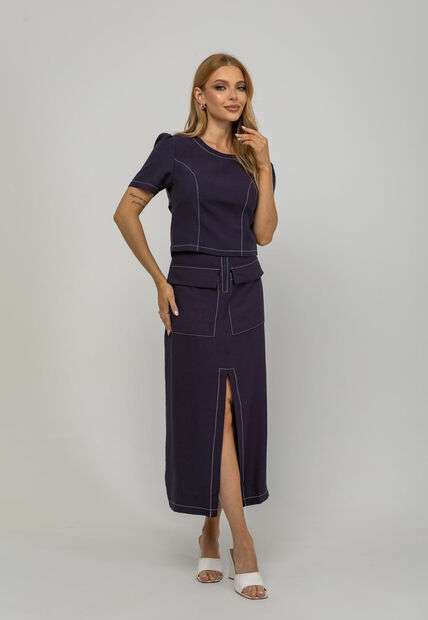 Saia De Alfaiataria Midi Com Bolsos Frontais e Fenda Azul Salvatore