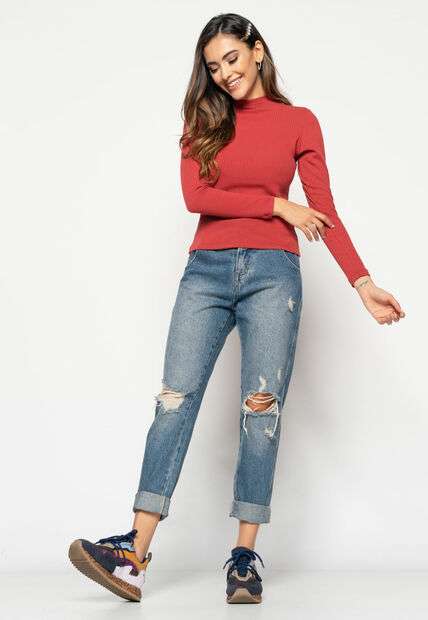 Blusa  Gola Alta Manga Longa Malha Canelada Terracota