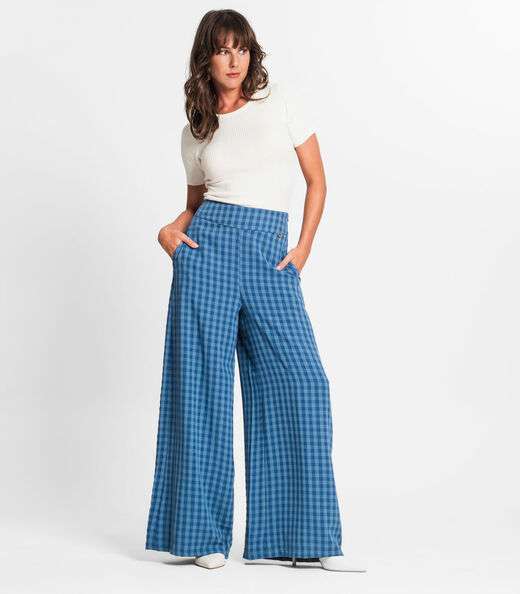 Calça Pantalona Feminina Xadrez Endless Azul