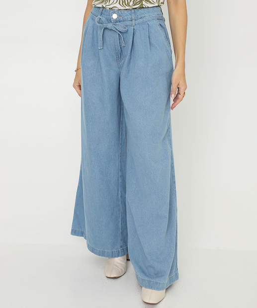 Calça Jeans Pantalona Amarração Feminina Azul