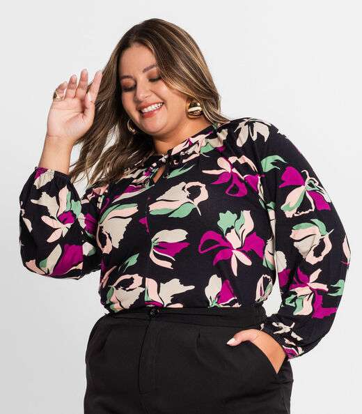 Blusa Estampada Manga Longa Plus Size Secret Glam Preto