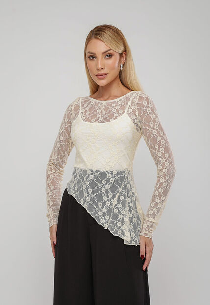 Blusa De Renda Assim?trica Manga Longa Marfim Salvatore