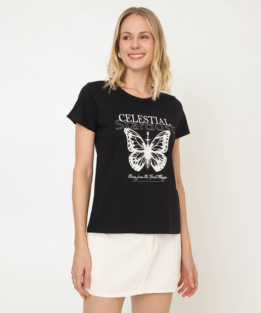 Image_Camiseta Feminina Estampa Borboleta Marisa Preta