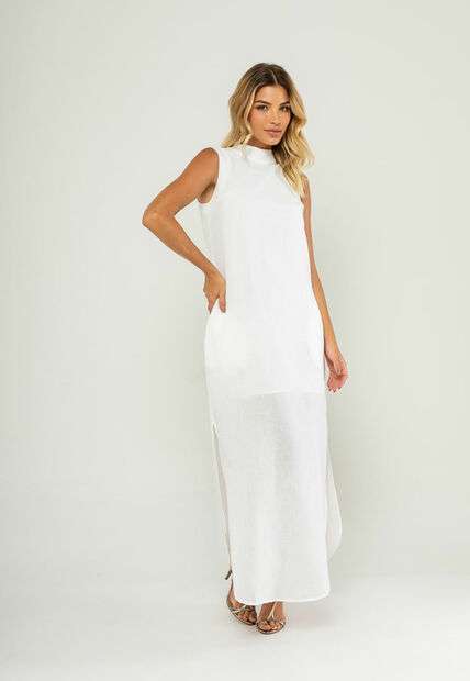 Vestido Longo Gola Alta E Fenda Lateral Branco Salvatore