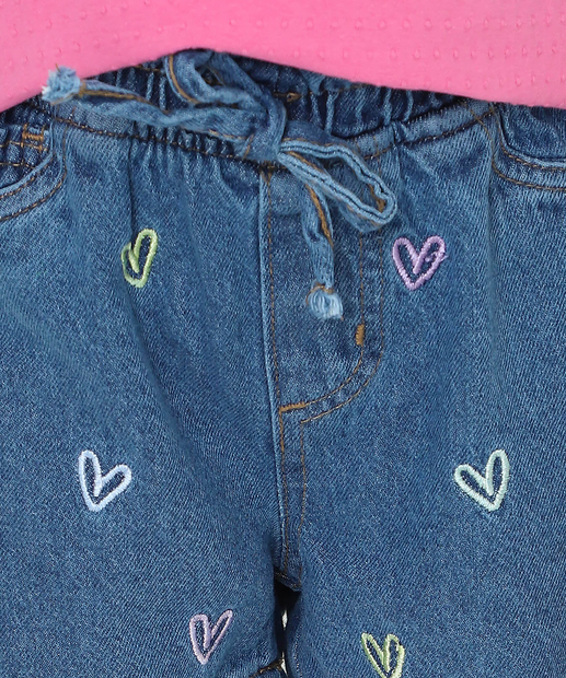 Short Infantil Jeans Bordado Corações Tam 4 a 10 Azul