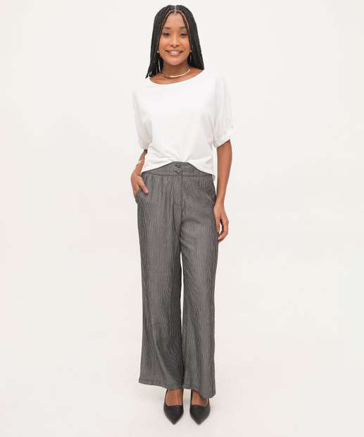 Calça Wide Leg Feminina Alfaiataria Risca De Giz Marisa
