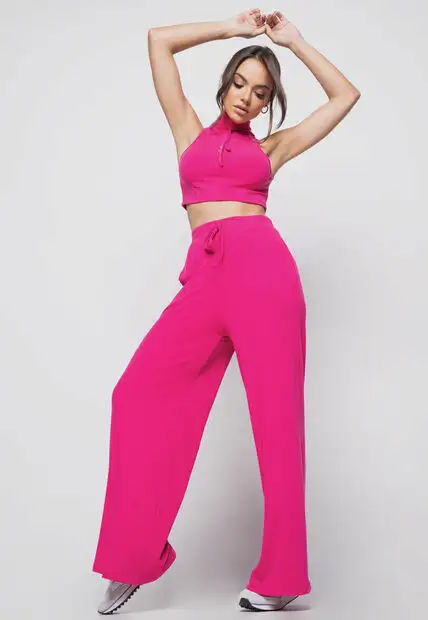 Calça  Wide Leg Malha Canelada Pink Salvatore Fashion