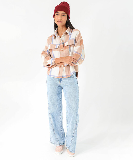 Camisa Feminina Xadrez Flanelada Marisa Bege