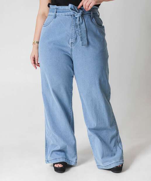 Calça Plus Size Feminina Wide Leg Jeans Azul
