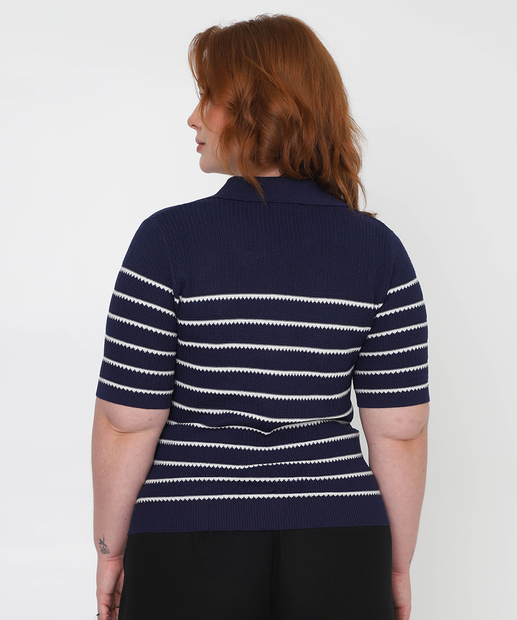 Blusa Polo Plus Size Feminina Tricot Marisa Azul