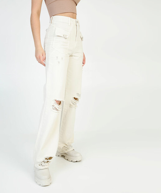 Calça Wide Leg Feminina Sarja Destroyed Sawary   