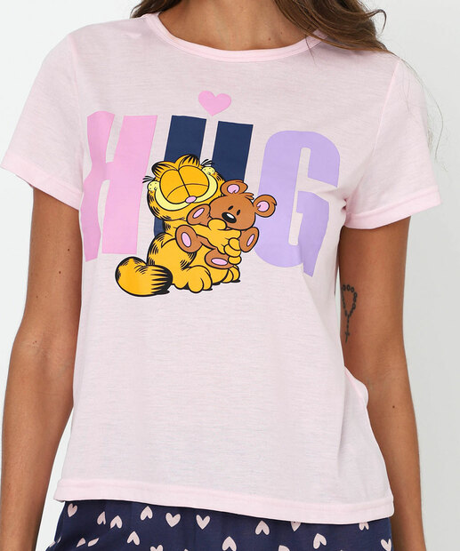 Pijama Feminino Estampa Coração Garfield Rosa