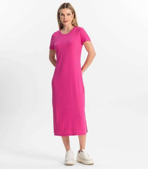 Vestido Midi Ribana Canelada Básico Rovitex Rosa