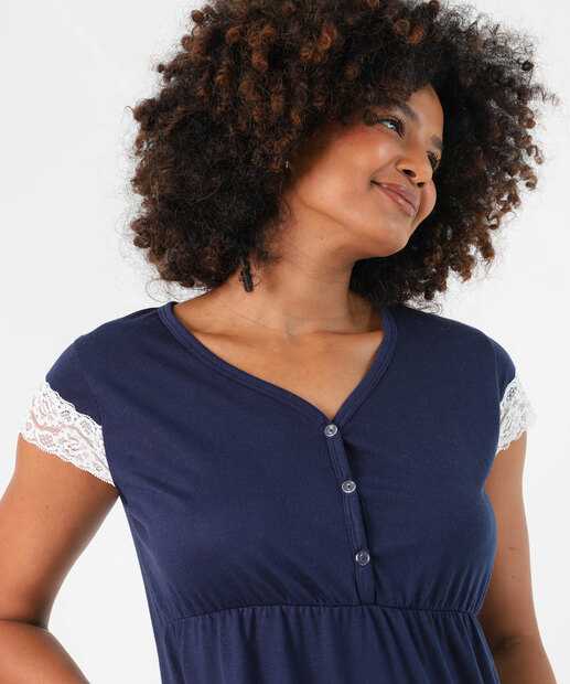 Camisola Gestante Recorte Renda Marisa Azul