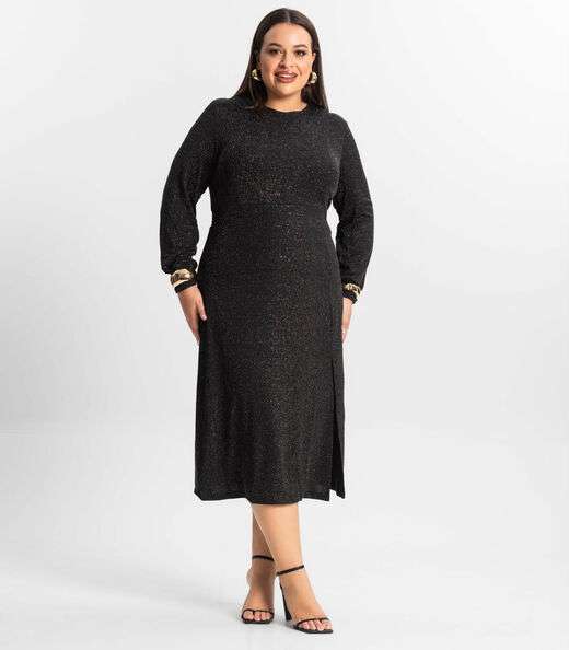 Vestido Midi Plus Size Manga Longa Secret Glam Preto