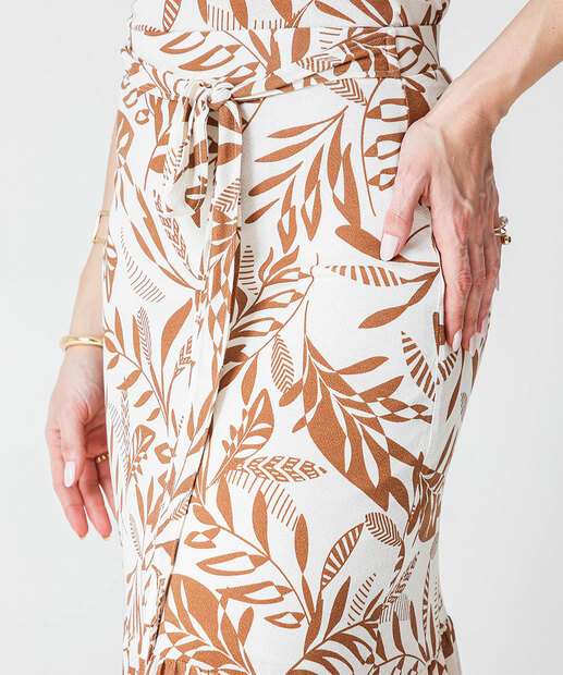 Saia Midi Feminina Estampa Folhas Babado Marisa