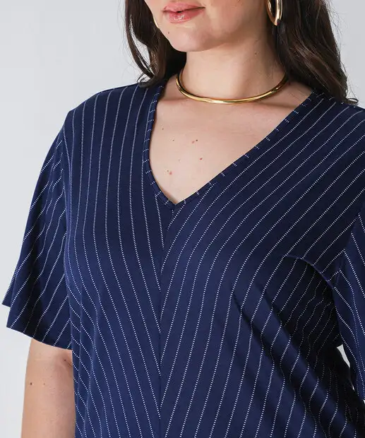 Blusa Plus Size Feminina Listrada Manga Curta Marisa Azul