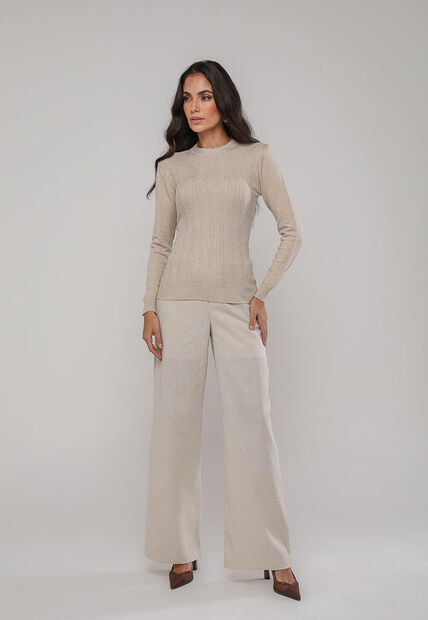 Blusa de Tricot Com Tramas Texturizada Bege Claro Salvatore