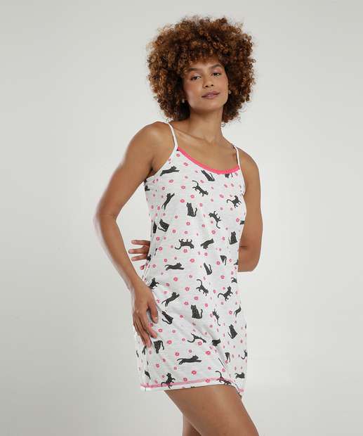 Camisola Estampa Gato Renda Alças Finas Marisa