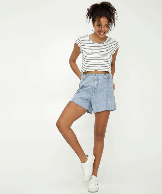 Short Jeans Feminino Cintura Alta Strass Marisa