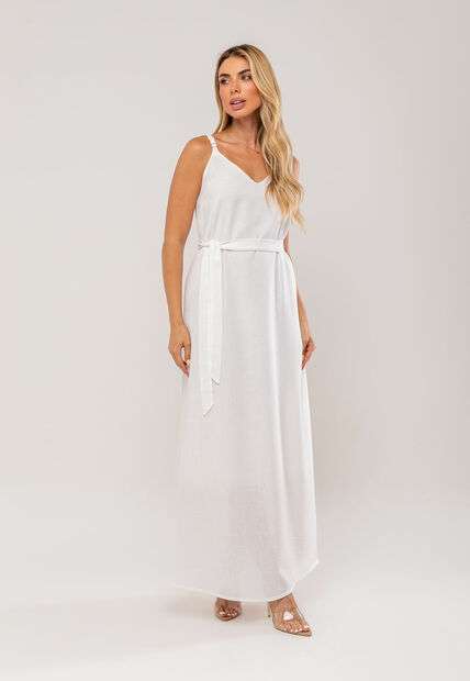 Vestido Longo Com Faixa Na Cintura Branco Salvatore